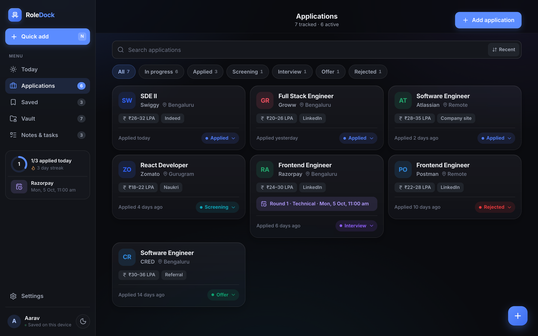 RoleDock — Application pipeline (desktop)