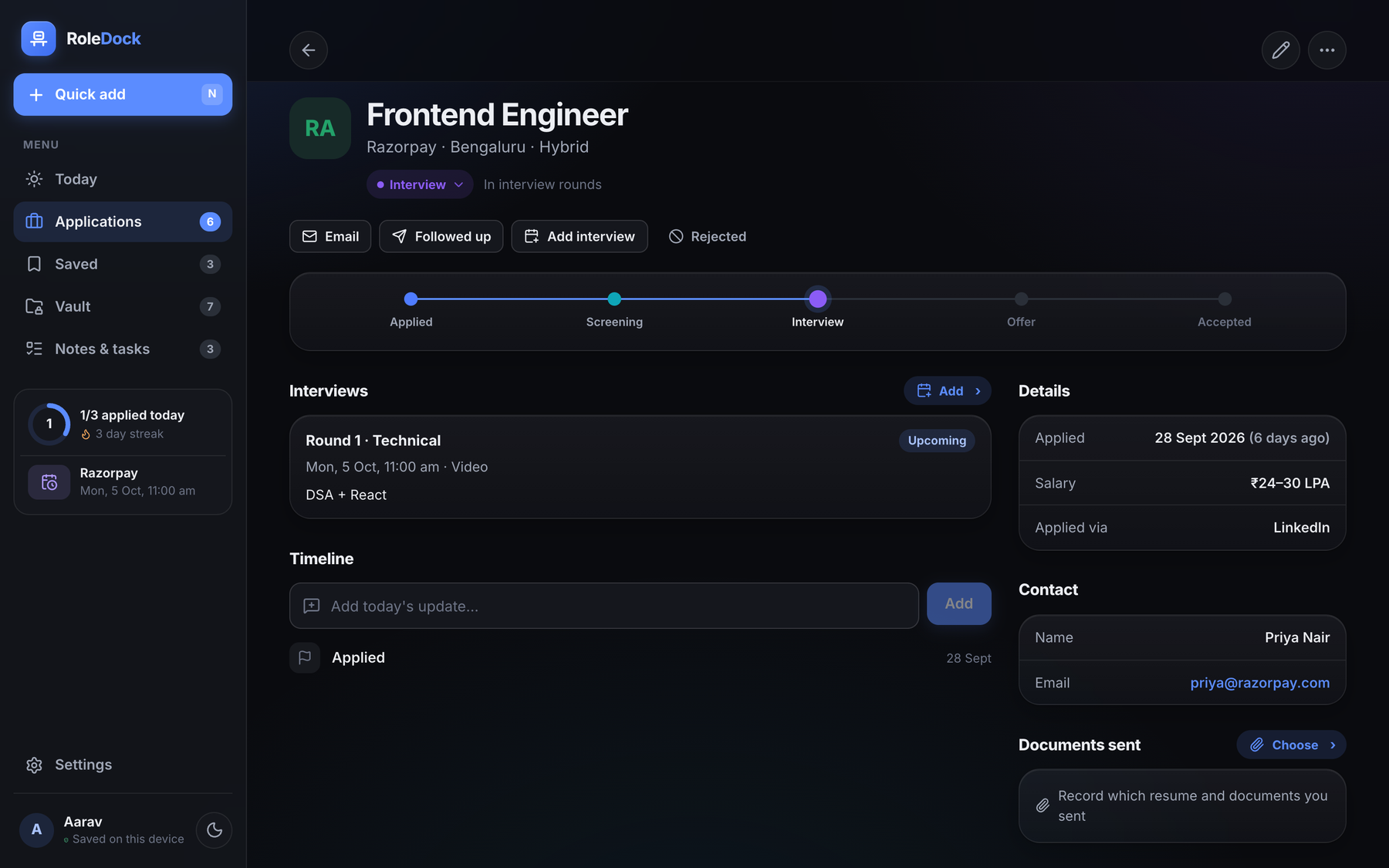 RoleDock — Application detail with interview rounds (desktop)