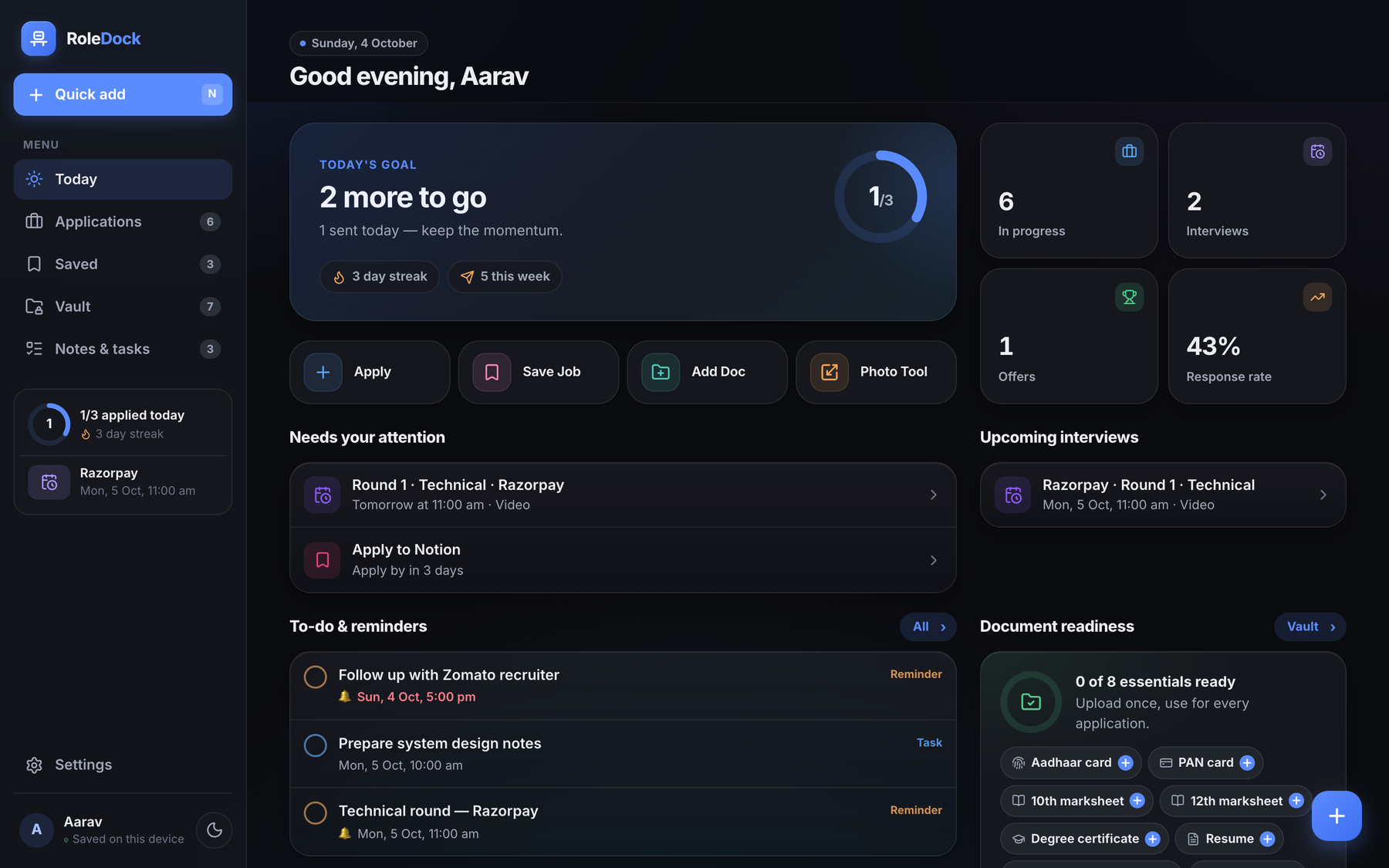 RoleDock — Today — goal, interviews and reminders (desktop)